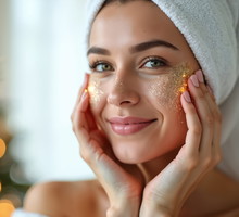 Festive winter skincare routine for glowing, hydrated skin. Woman enjoys pampering with facial treatment. Natural nourishment, rejuvenation, relaxation with essential ingredients for youthfulness,