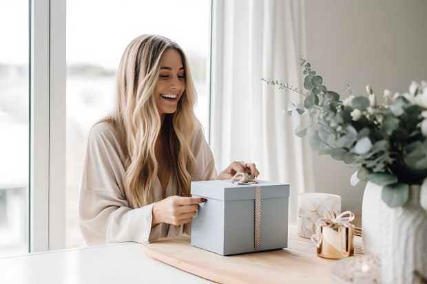 Stylish scandinavian woman happy opening present gift box, Relax, carefree, comfort lifestyle, lazy day at home