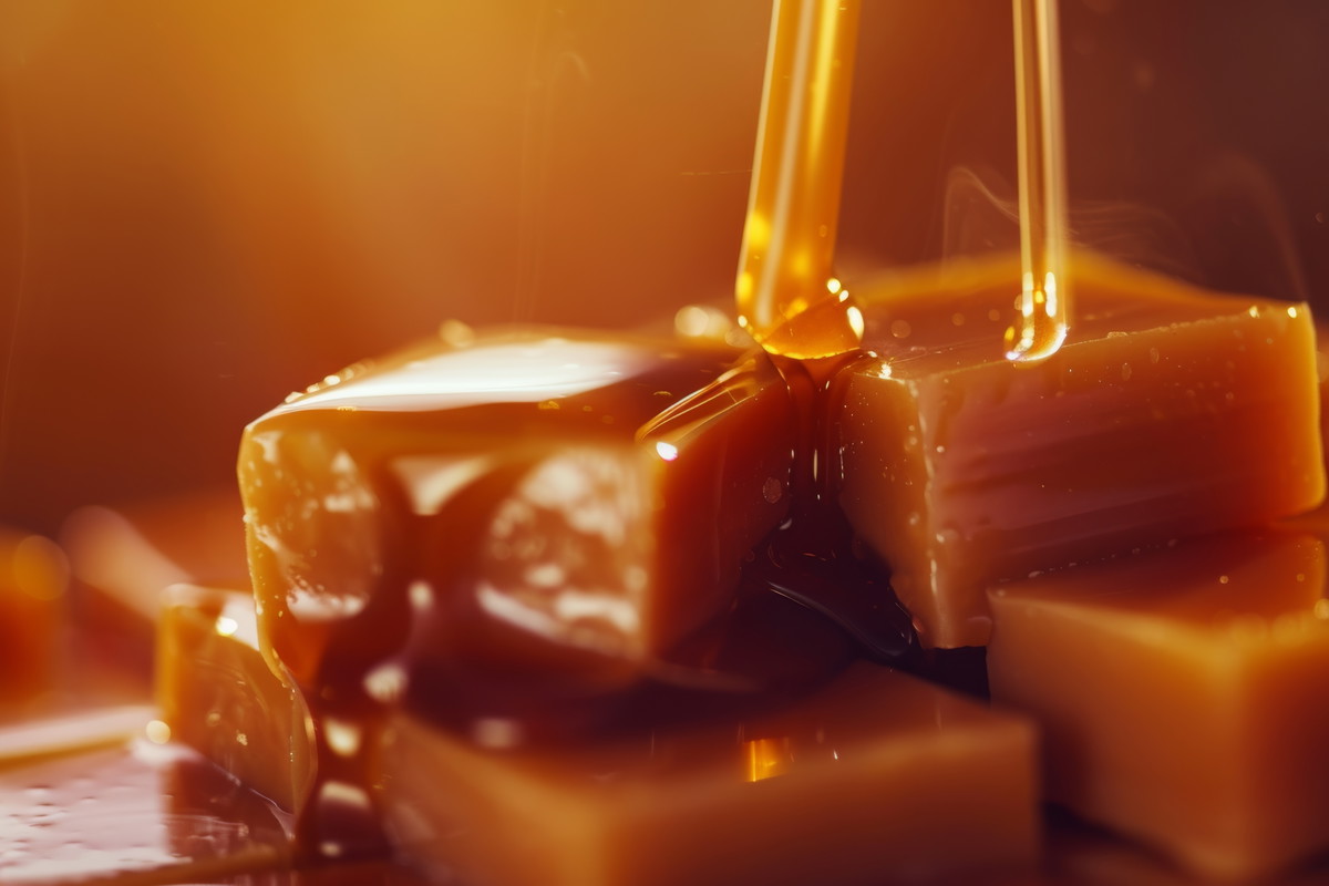 Close-up of Rich Glossy Caramel Cubes Neatly Stacked with a Smooth Syrup Drizzling Over Them