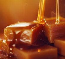 Close-up of Rich Glossy Caramel Cubes Neatly Stacked with a Smooth Syrup Drizzling Over Them