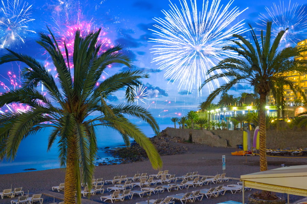 New years fireworks display over the Atlantic promenade in Taurito, Gran Canaria. Spain.