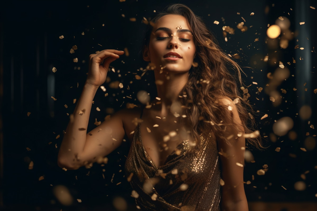 Young woman dancing surrounded golden confetti at party, generative AI.