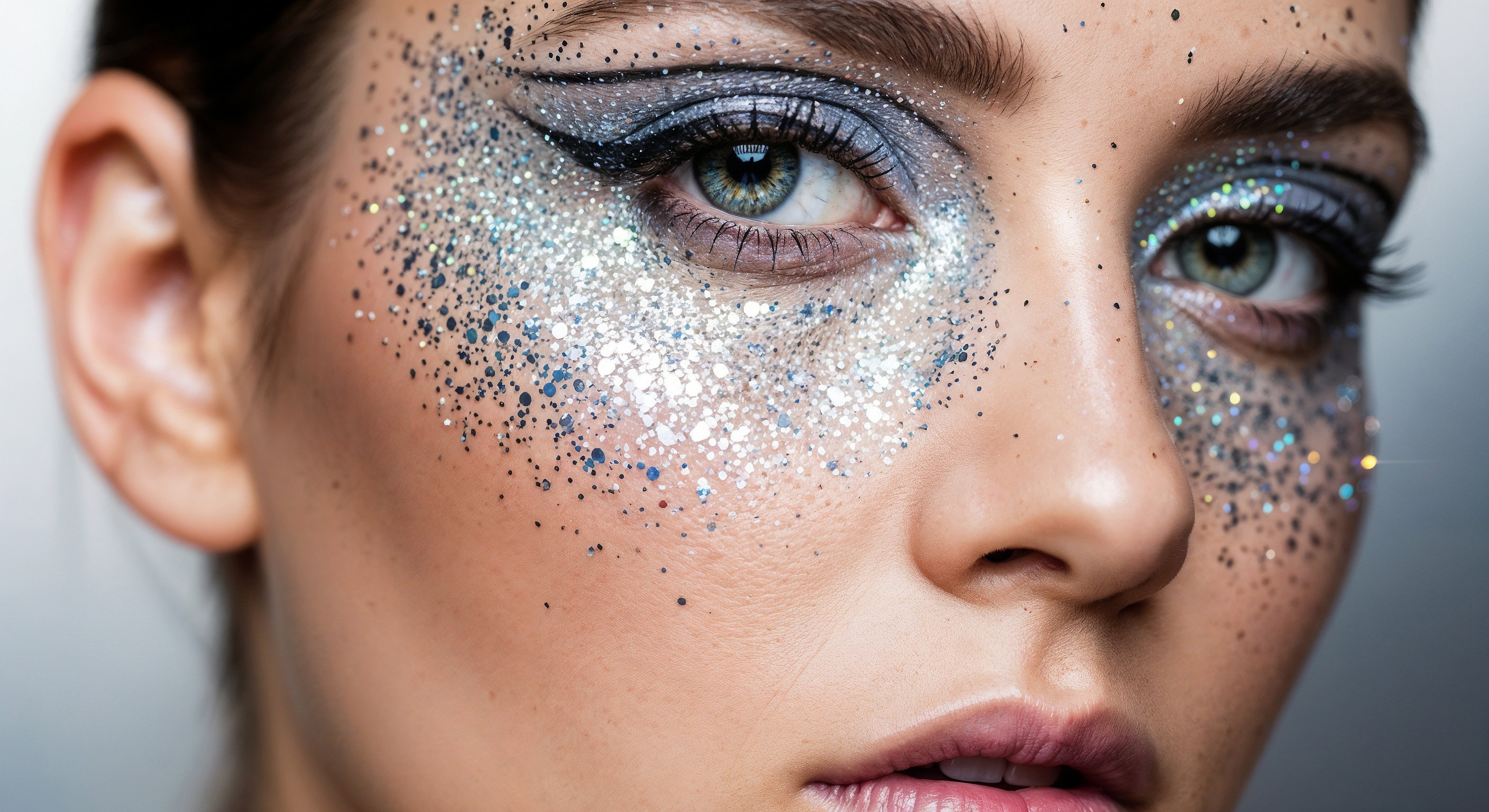 Young woman with glittery makeup and dramatic eye looks for New Year’s Eve