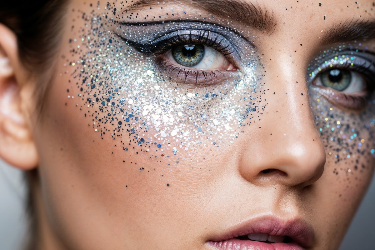 Young woman with glittery makeup and dramatic eye looks for New Year’s Eve
