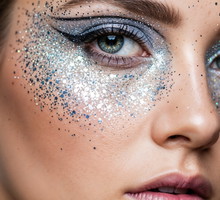 Young woman with glittery makeup and dramatic eye looks for New Year’s Eve