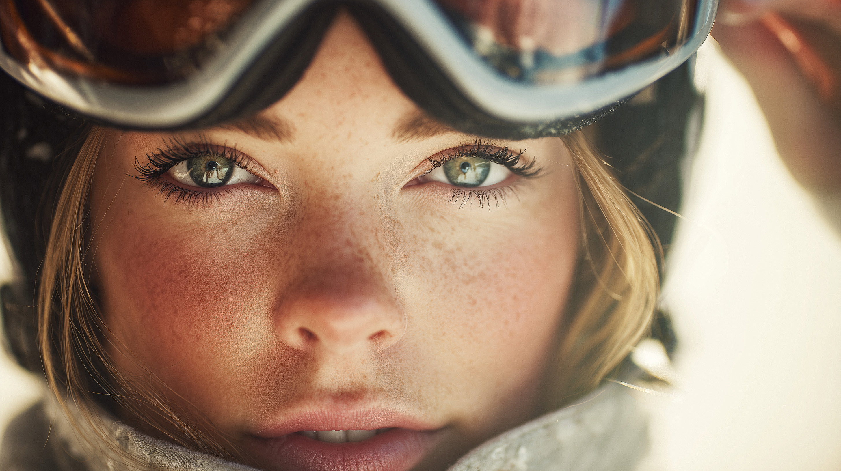 Young woman wearing ski goggles and looking confidently at the camera