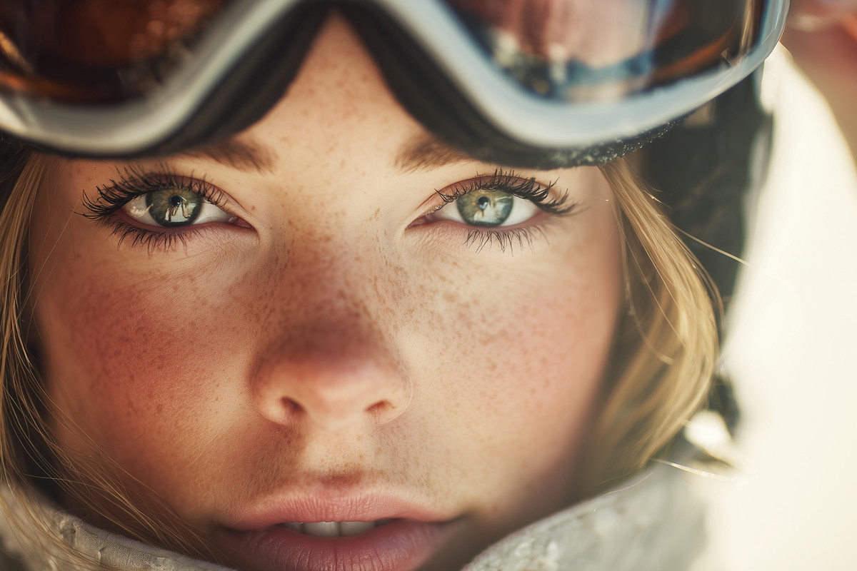 Young woman wearing ski goggles and looking confidently at the camera