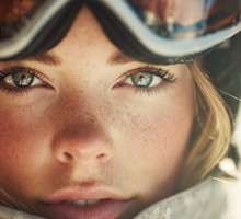 Young woman wearing ski goggles and looking confidently at the camera