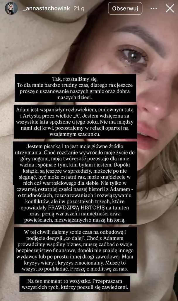 Anna Stachowiak, wpis Instastories