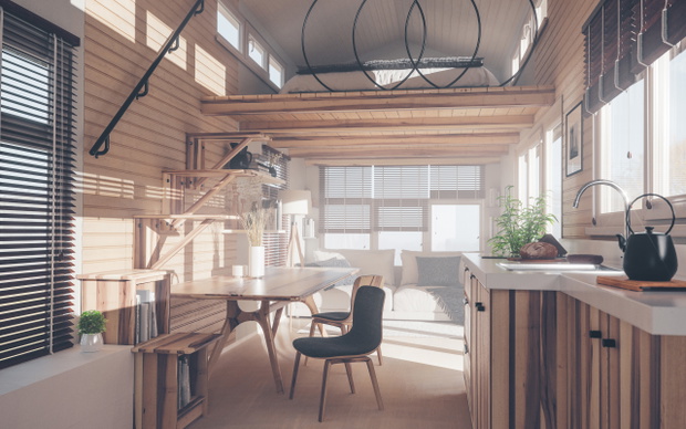 Rustic tiny house interior design with kitchen, living room and bedroom in mezzanine floor in warm sunset light. 3d rendering.