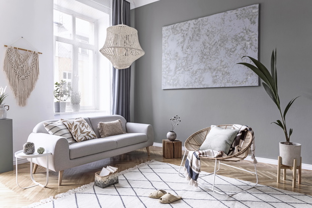 Modern and bohemian composition of interior design with gray sofa, rattan armchair, wooden cube, plaid, pillow, tropical plants, small table and elegant accessories. Stylish home decor. Template.