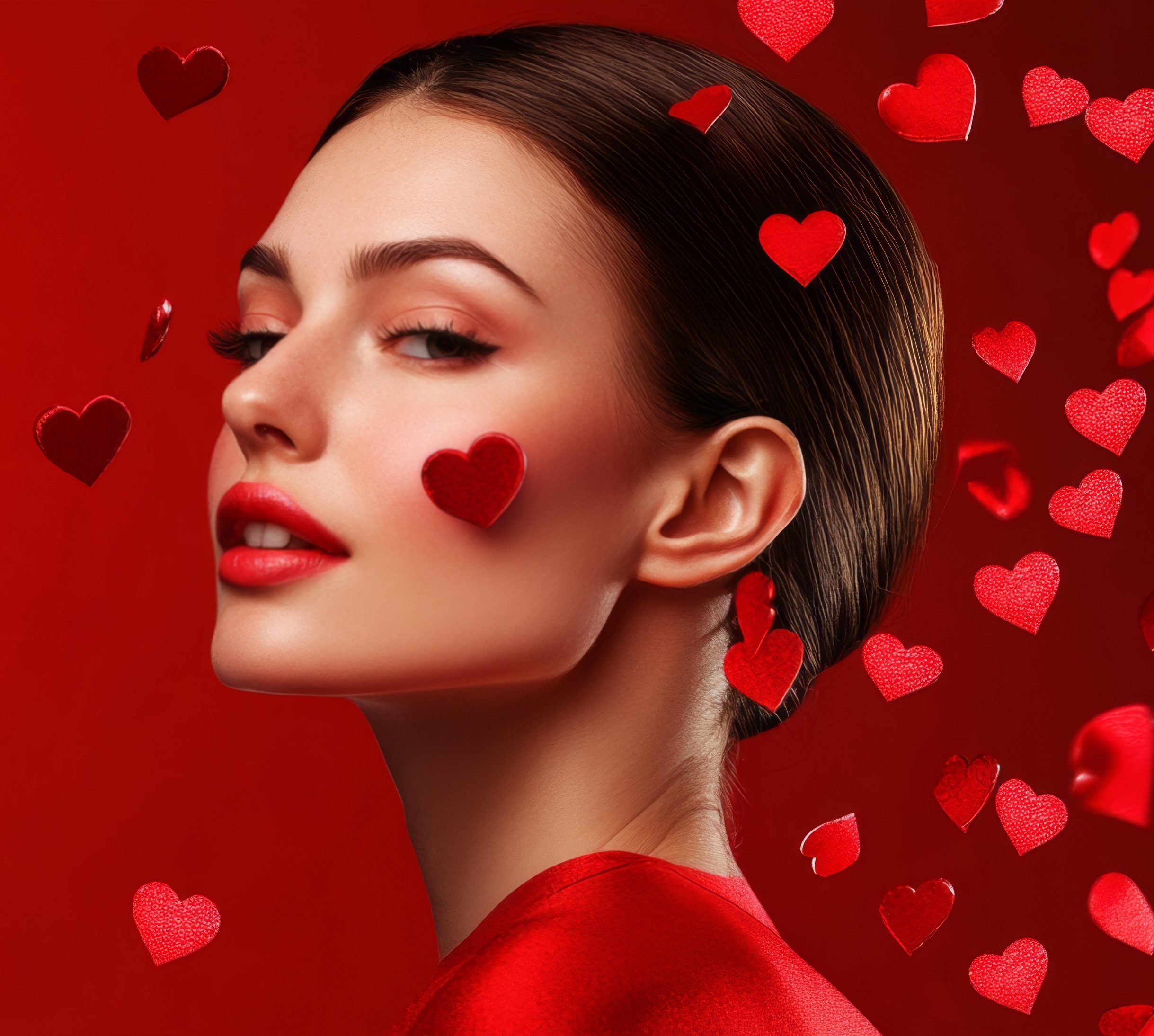 Stylish Woman with Hearts and Red Backdrop