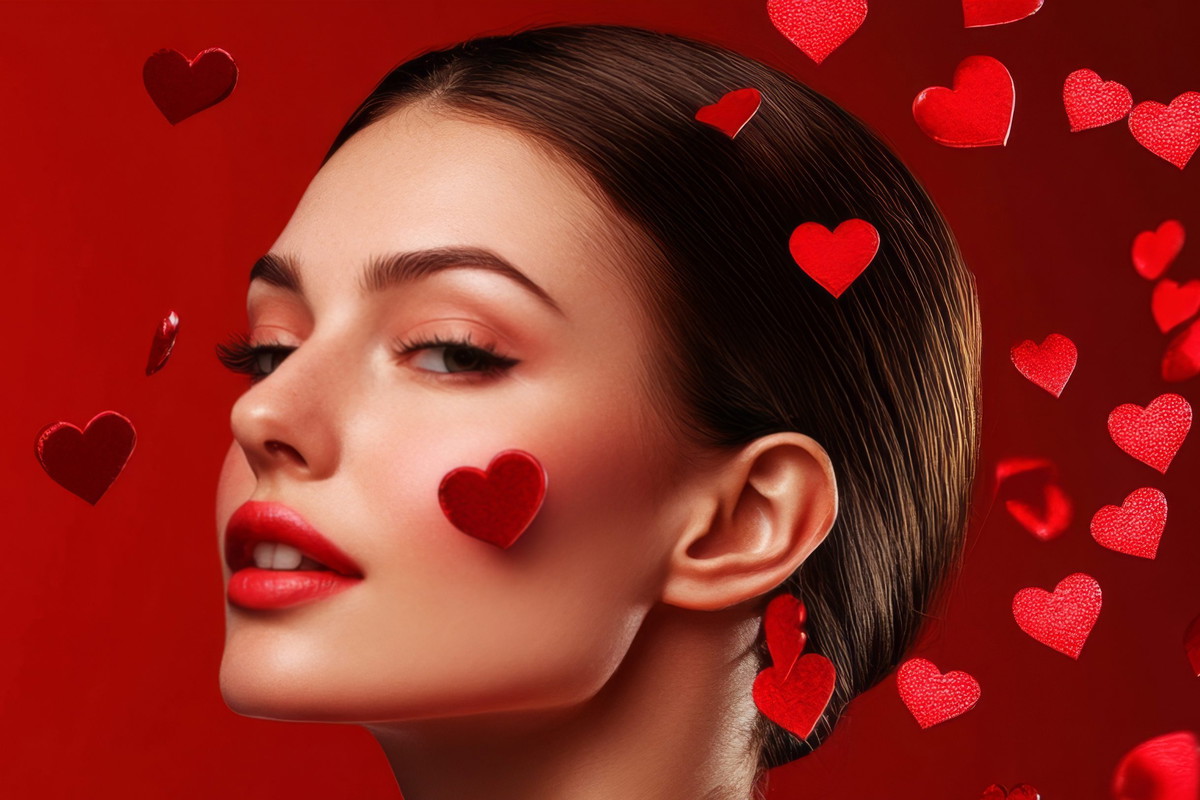 Stylish Woman with Hearts and Red Backdrop