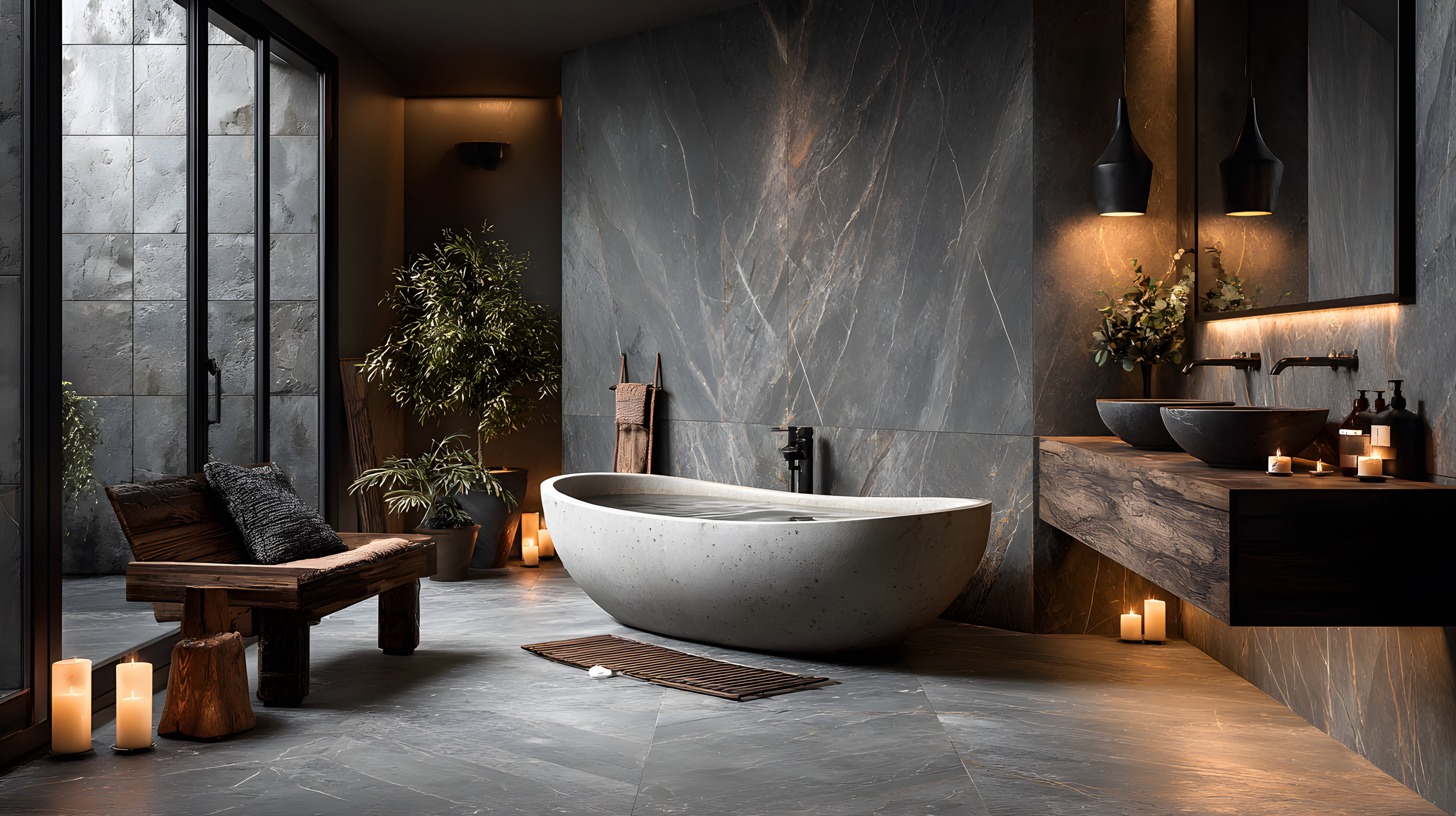 Luxurious, moody modern bathroom with dark grey marble tiles. A sleek freestanding bathtub is the centerpiece, with warm ambient lighting for a spa feel.