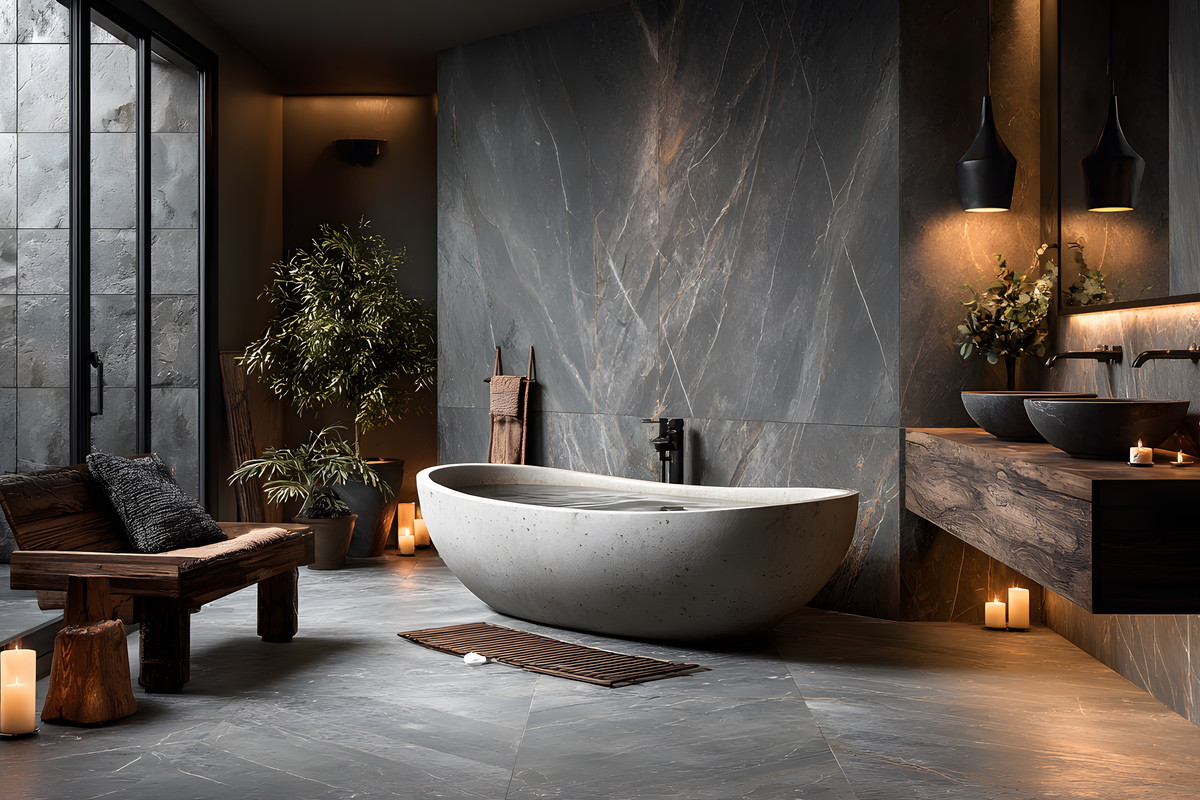 Luxurious, moody modern bathroom with dark grey marble tiles. A sleek freestanding bathtub is the centerpiece, with warm ambient lighting for a spa feel.
