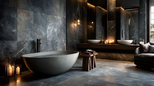 Luxurious, moody modern bathroom with dark grey marble tiles. A sleek freestanding bathtub is the centerpiece, with warm ambient lighting for a spa feel.