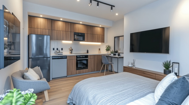 Modern studio apartment with kitchen, bed, and TV