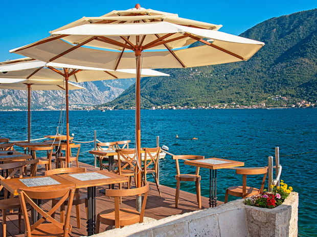 Beautiful restaurant at the sea, afternoon, eating out concept