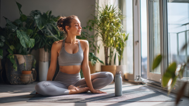 Woman practicing yoga in a bright, plant-filled room