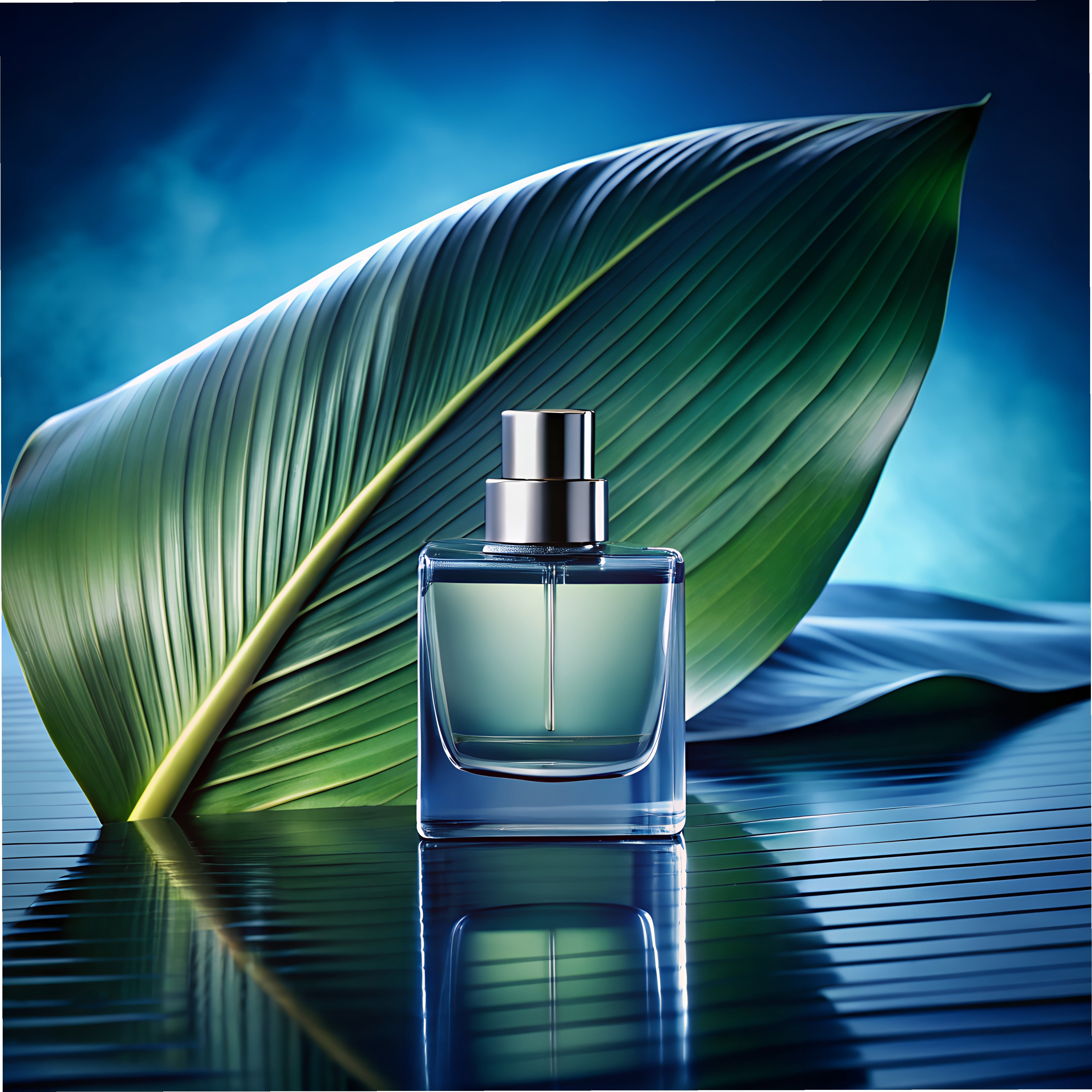 bottle of perfume on blue hue banana leaf background