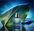 bottle of perfume on blue hue banana leaf background