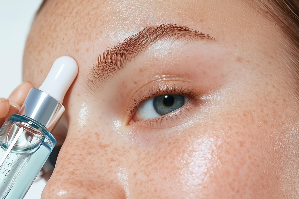 Beautiful woman with fresh hydrated glowing skin face holding moisturizing serum dropper. Skincare cosmetic beauty mock up.