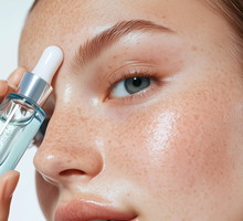 Beautiful woman with fresh hydrated glowing skin face holding moisturizing serum dropper. Skincare cosmetic beauty mock up.
