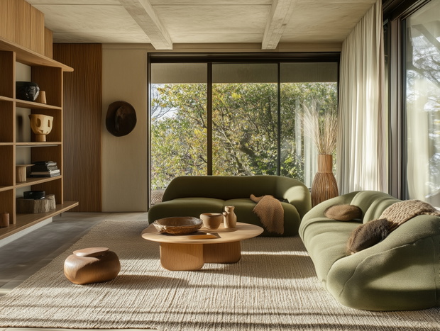 Japandi aesthetics living room interior with green sofa and armchair, coffee table. Modern living room with green furniture and wooden accents in natural light