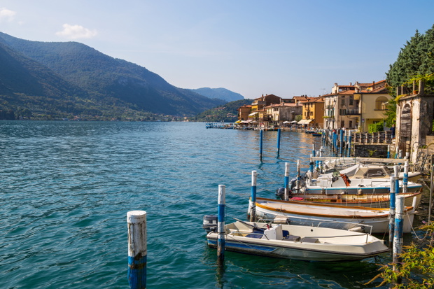View of Monte Isola, Iseo Lake, Brescia province, Lombardy, Italy.