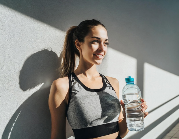 Młoda kobieta w sportowym stroju oświetlona promieniami słońca stoi na tle ściany trzymając w ręku butelkę z wodą. Lato, sport, wakacje, zdrowy styl życia