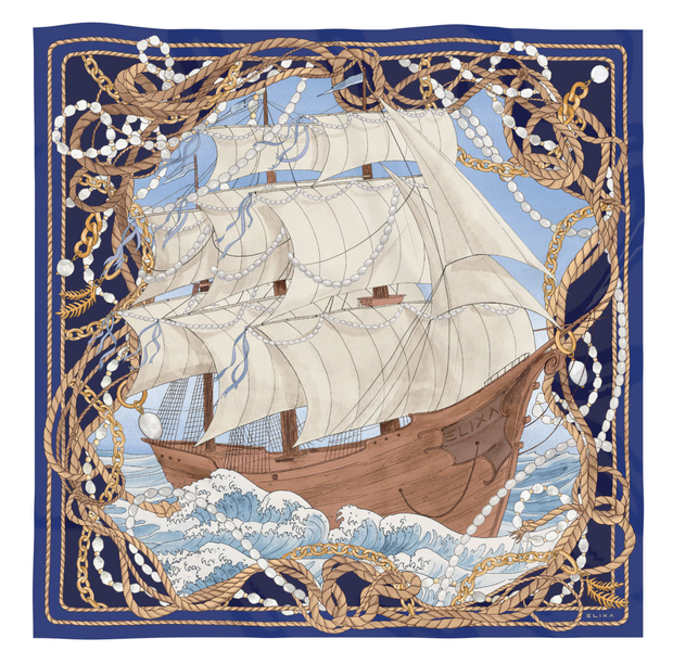 Apaszka jedwabna ze statkiem - Nautical Dreams, 85 x 85 cm