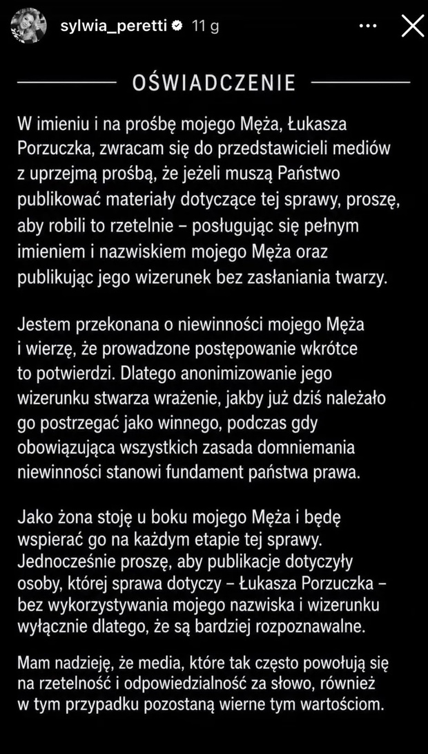 Oświadczenie Sylwii Peretti w sprawie męża