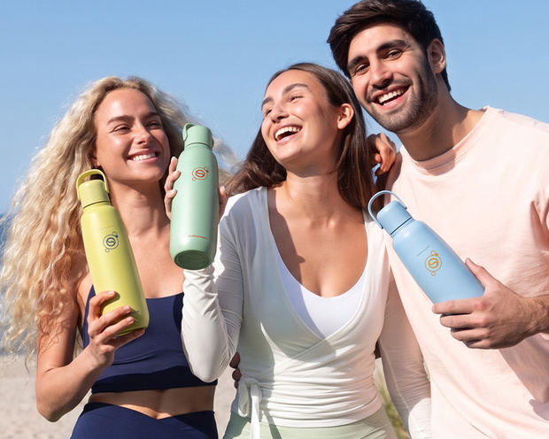 Troje młodych ludzi na plaży z butelkami fizz&go
