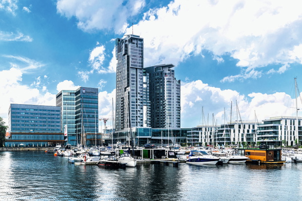 Cityscape in Gdynia, Poland. Skyscrapers and bay
