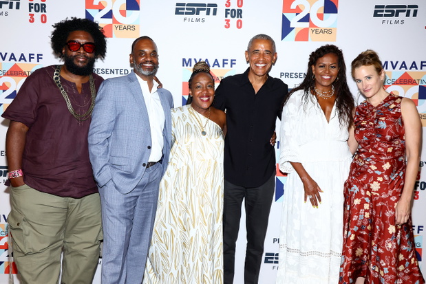 Questlove, Floyd Rance, Stephanie T. Rance, Barack Obama, Michelle Obama i Margaret Brown na premierze filmu Netflixa "Potomkowie" na Afrykańsko-Amerykańskim Festiwalu Filmowym w Martha's Vineyard - 5.08.2022, Massachusetts, USA