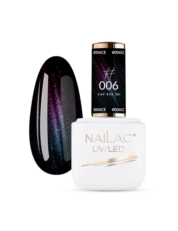 Zielono-różowy lakier hybrydowy z efektem Cat Eye 5D #006,  NaiLac, 33 zł.