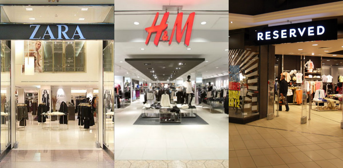 Witryny sklepów Zara, H&M, Reserved