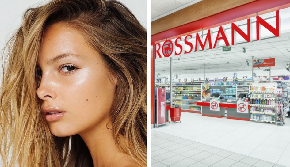 witryna Rossmanna i młoda dziewczyna z rozświetloną twarzą