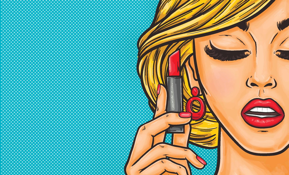 grafika z blondynką i czerwoną szminką