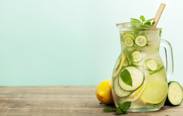 Infused water with cucumber, lemon, lime and mint