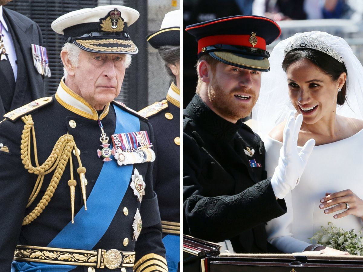 Król Karol, książę Harry i Meghan Markle