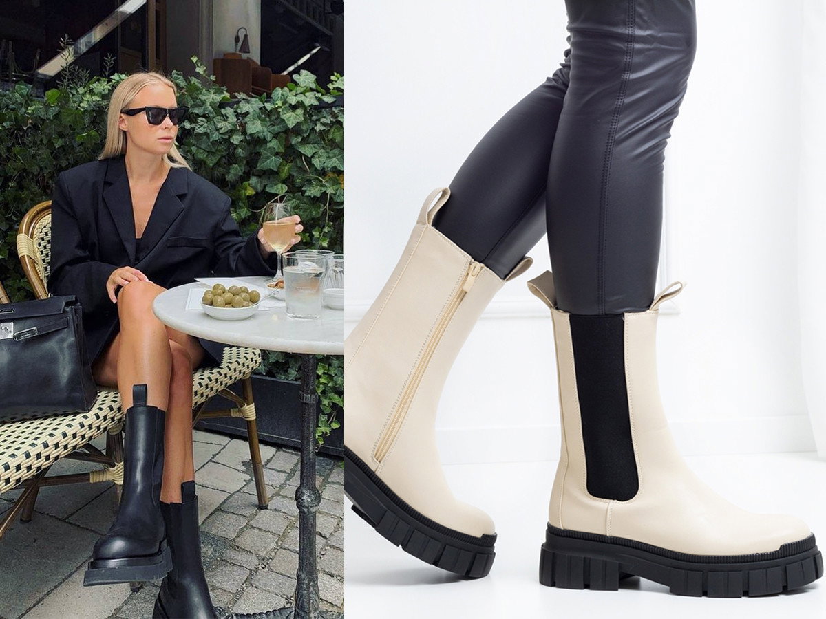Białe i czarne botki na platformie w stylu Bottega Veneta