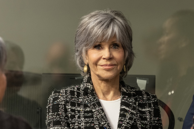 Jane Fonda arrives  for press briefing with Herve Berville,