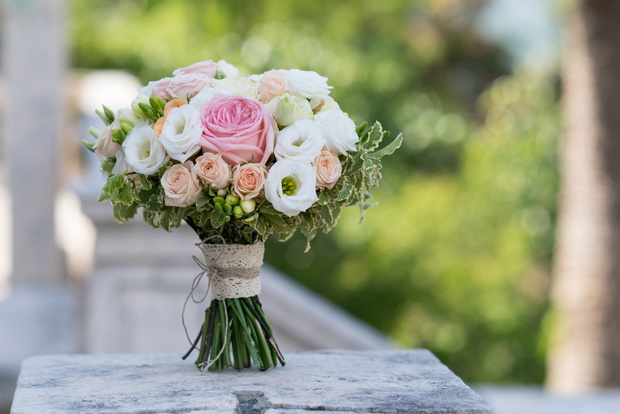 bridal bouquet of roses, freesia, eustoma