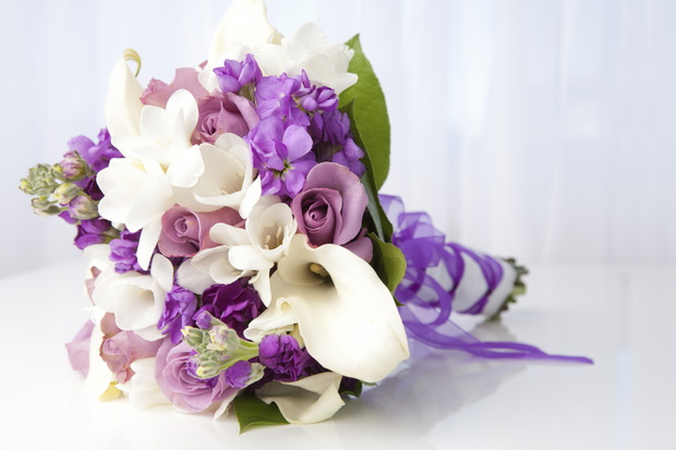 Purple and white bridal bouquet