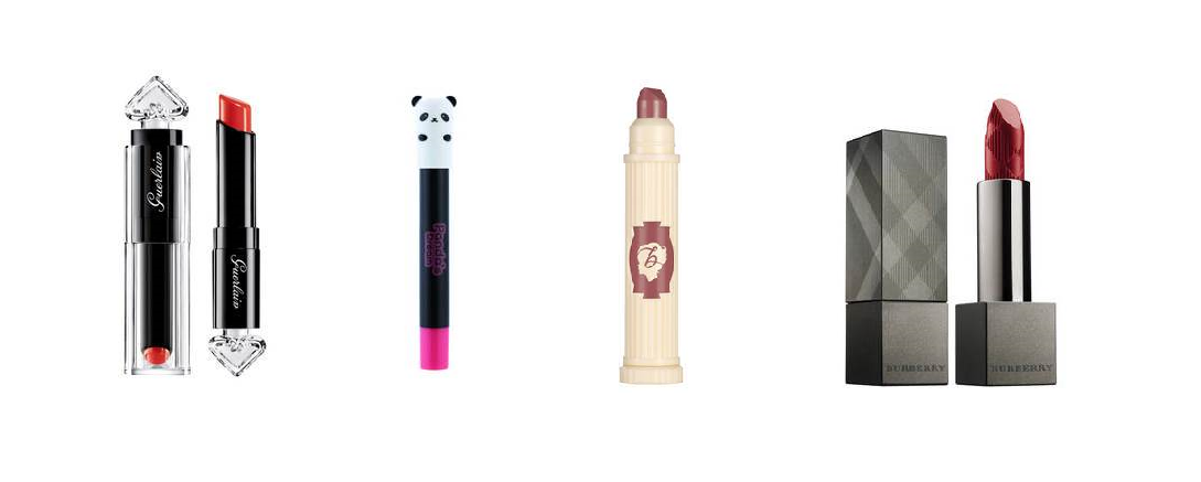zestaw szminek w pięknych opakowaniach: Burberry, Benefit, Tonymoly, Guerlain