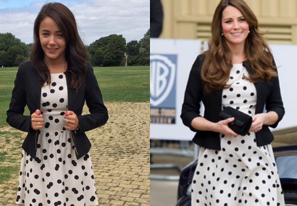 dziewczyna w stylizacji księżnej Kate na zdjęciu obok Kate Middleton