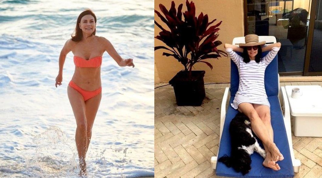 Carolyn biegnąca w pomarańczowym bikini po plaży i leżąca na leżaku