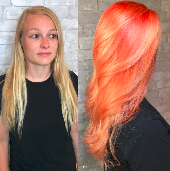 Efekt przed i po koloryzacji tangerine hair