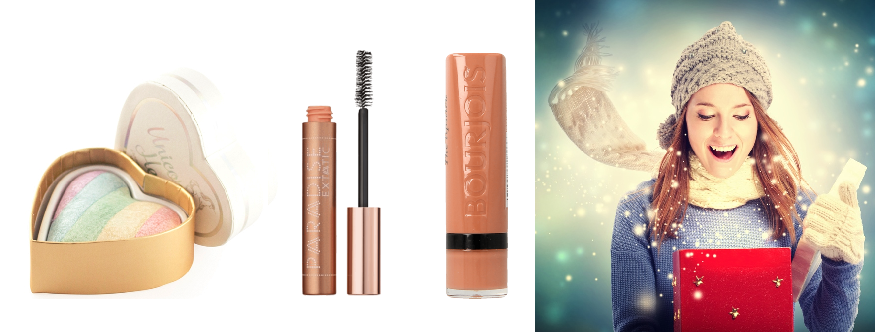 kobieta z prezentem, szminka Bourjois, tusz Loreal Paris i rozświetlacz Makeup Revolution